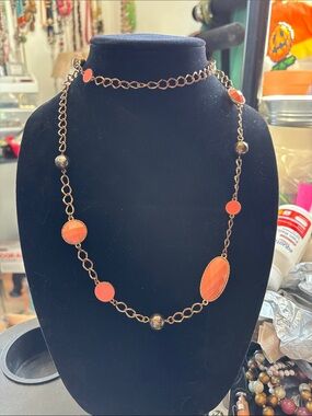 Women’s Orange Stone and Chain Necklace - Unbranded